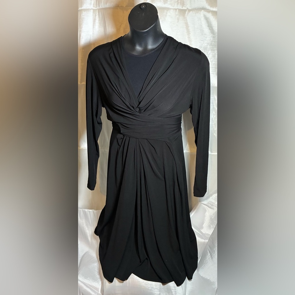 Michael Kors Black Long Sleeve Midi Draped Dress w/ Self-Tie Waist Sash